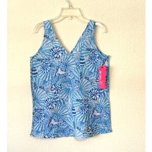 Lilly‎ Pulitzer Linen Tank Blue By the Seashore Sleeveless Top XXS Resort Cruise